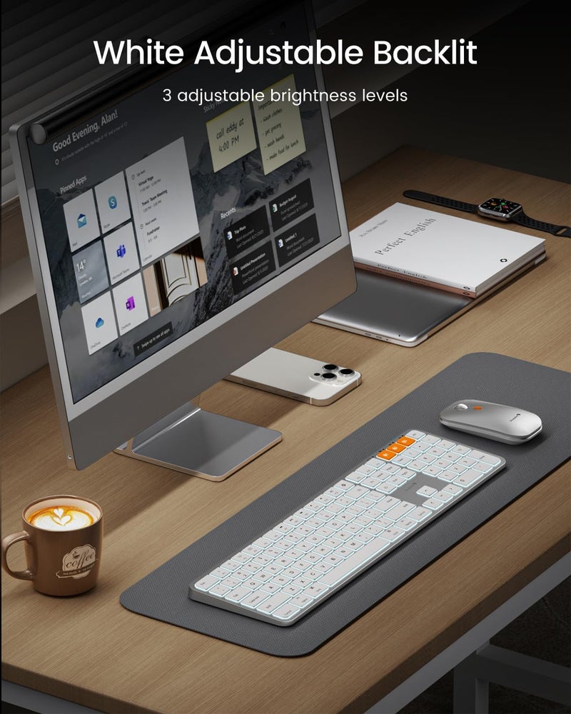 ProtoArc Backlit Bluetooth Keyboard and Mouse for Mac, KM100-A Multi-Device Wireless Keyboard Mouse for Mac, Full Size Rechargeable for MacBook Pro/Air, iPhone, iPad, White Silver - Image 3